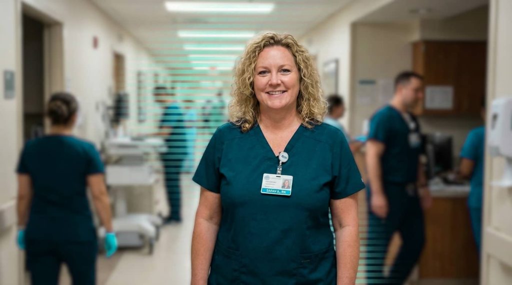 Smiling nurse in scrubs